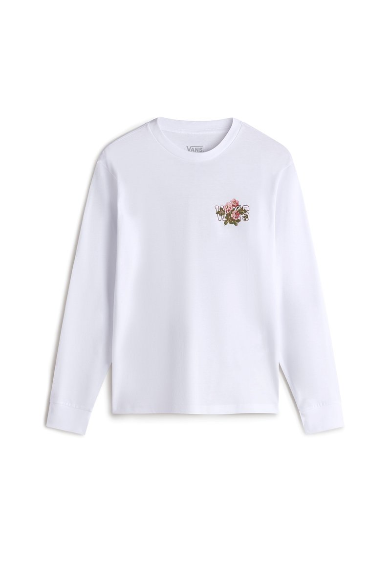 Vit långärmad skjorta med en blomsterdekorativ "VANS"-logotyp broderad på vänster bröst. Tillverkad av mjukt bomullsmaterial.