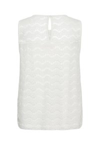 Haut en dentelle blanc sans manches avec motif ondulé festonné et petit trou en forme de goutte à l'arrière du col avec fermeture à bouton.