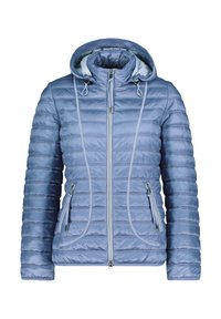 Hellblaue Steppjacke mit Kapuze, vertikalen Streifen, Reißverschluss vorne und Taschen, glatter Textur und Kordelzügen.