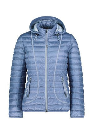 Light blue puffer jacket with a hood, featuring vertical stripes, zippered front and pockets, smooth texture, and drawstring accents.