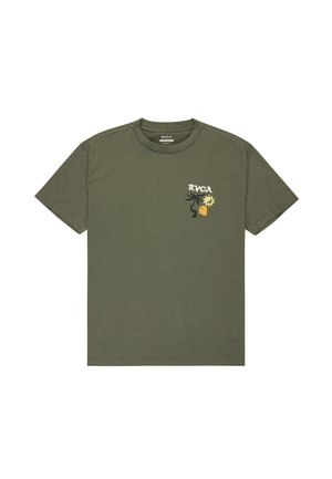 Olijfgroene katoenen t-shirt met een ronde hals, korte mouwen en een grafische print aan de voorkant met een gestileerd gezicht en zonontwerp.