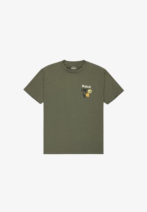 Olive green cotton t-shirt with a crew neck, short sleeves, and a front graphic featuring a stylized face and sun design.