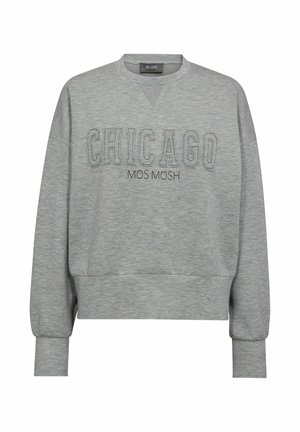 Gray sweatshirt with "CHICAGO" and "MOS MOSH" text in dark gray embroidery. Features a crew neckline and ribbed cuffs. Soft texture.