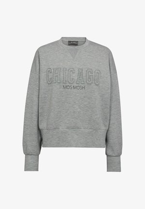 Sivi dukserica s natpisom "CHICAGO" i "MOS MOSH" u tamnosivoj vezici. Ima okrugli izrez i rebraste manžete. Mekana tekstura.