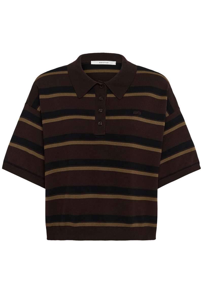 Polo marron à manches courtes avec des rayures horizontales noires et olive, patte de boutonnage et petit logo brodé sur la poitrine.