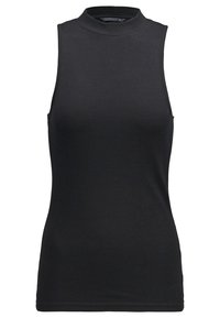 Zwart mouwloos geribbeld dames topje met col en aansluitende pasvorm.