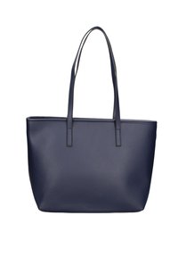 Marineblauwe draagtas van glad, gestructureerd synthetisch leer, open bovenkant en twee stevige handvatten. Eenvoudig rechthoekig ontwerp, zonder versieringen.