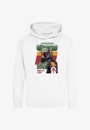 Weiße Kapuzenjacke mit einer Illustration von Boba Fett, der einen grünen Helm und schwarze Rüstung trägt, sowie dem Text "BOBA FETT LEBT!" in Rot.