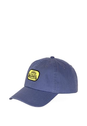 Casquette de baseball bleue avec un patch rectangulaire jaune présentant le logo noir "Von Dutch" et un graphisme de soleil à l'avant, visière arrondie et panneaux cousus.