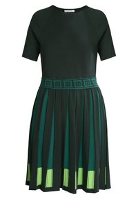Sukienka z krótkim rękawem w ciemnozielonym kolorze z plisowanym dołem. Posiada geometryczny wzór w pasie oraz limonkowe akcenty na krawędzi.