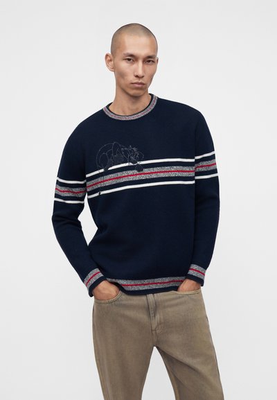 Homme les mains dans les poches portant un pull bleu marine avec des rayures blanches et rouges et un motif subtil de chat sur la poitrine, associé à un pantalon beige.