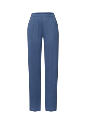 Pantaloni lounge blu realizzati in un tessuto morbido e testurizzato. Presentano una vestibilità rilassata, una cintura elastica e gambe affusolate senza elementi di fissaggio visibili.