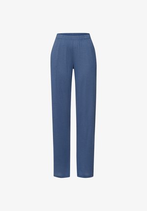 Blauwe loungebroek gemaakt van zachte, gestructureerde stof. Ze hebben een comfortabele pasvorm, een elastische tailleband en taps toelopende broekspijpen zonder zichtbare hardware.