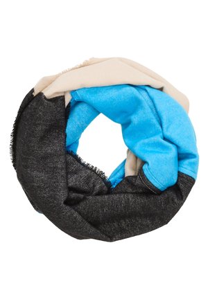 Écharpe infinie en tissu doux roulée en blocs de couleur beige, bleu vif et gris foncé avec bords frangés.