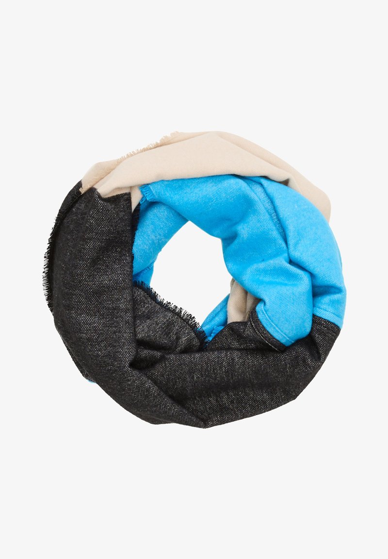 Écharpe infinie en tissu doux roulée en blocs de couleur beige, bleu vif et gris foncé avec bords frangés.