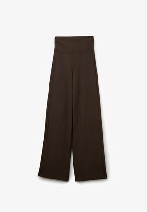 Braune weite Hose mit Rippenstruktur, hoher Bund und ohne sichtbare Beschläge oder Muster. Glattes, fließendes Stoffdesign.