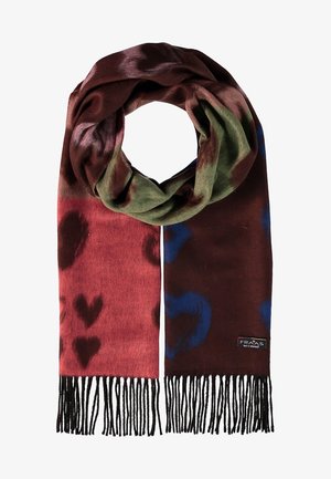 Écharpe douce en bordeaux, vert olive et bleu avec des motifs de cœurs et des franges noires, portant l'étiquette FRAAS à une extrémité.