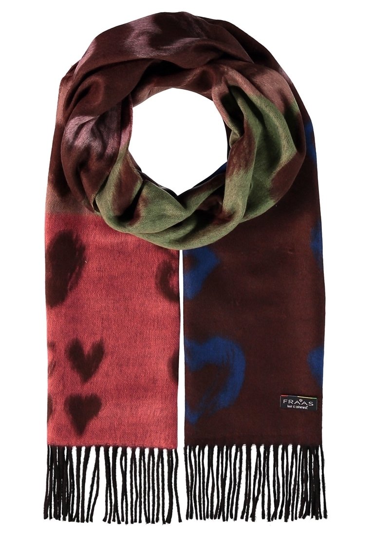 Écharpe douce en bordeaux, vert olive et bleu avec des motifs de cœurs et des franges noires, portant l'étiquette FRAAS à une extrémité.