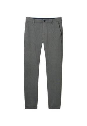 Pantaloni grigi realizzati in tessuto testurizzato, con una vestibilità slim, tasche laterali, passanti per la cintura e chiusura a bottone singolo in vita.