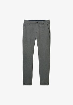 Hallid hallid püksid, mis on valmistatud tekstuurist kangast, kitsas lõige, küljetaskud, vööloopid ja ühe nupuga kinnitamine vöökohal.