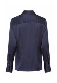 Marineblaues Satinhemd mit langen Ärmeln, auffälligem Kragen und geknöpften Manschetten. Glatte Textur mit einem eleganten, minimalistischen Design.