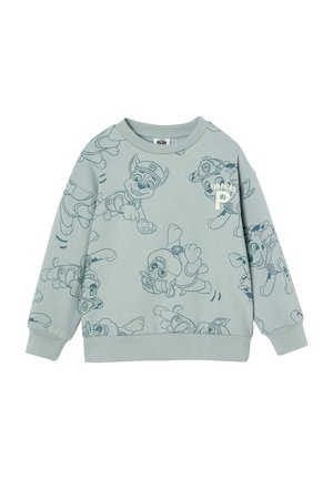 Light green sweatshirt made of cotton with cartoon dog prints. Features a round neck and ribbed cuffs. Notable logo "Paw Patrol" on front.