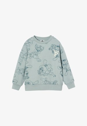 Hellgrüner Sweatshirt aus Baumwolle mit Cartoon-Hundedrucken. Hat einen Rundhalsausschnitt und gerippte Bündchen. Bemerkenswertes Logo "Paw Patrol" auf der Vorderseite.