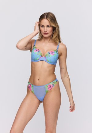 Light blue lingerie set featuring floral embroidery in pink and green. The bra has a structured design with adjustable straps; the panties match.