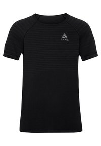 Zwarte T-shirt met korte mouwen van ademend materiaal, met een gestructureerd streepjespatroon en een grijs logo op de bovenste linkerborst.