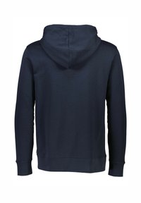 Felpa con cappuccio in tessuto blu scuro; presenta maniche lunghe, una tasca a marsupio e un design semplice, senza decorazioni. Testura morbida.