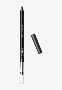 Eyeliner a matita nero con punta appuntita e base in plastica trasparente. Cappuccio rimosso, con testo del marchio "INTENSE COLOUR" e "KIKO MILANO."