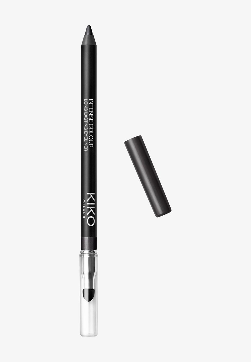 Eyeliner a matita nero con punta appuntita e base in plastica trasparente. Cappuccio rimosso, con testo del marchio "INTENSE COLOUR" e "KIKO MILANO."