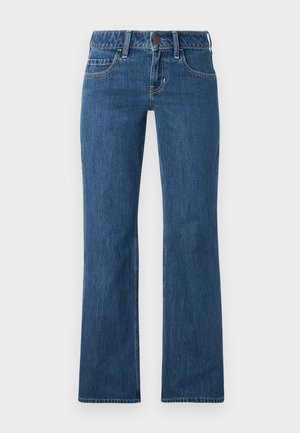 Blue denim jeans with a straight leg design, featuring a button closure, five-pocket styling, and subtle stitching details.