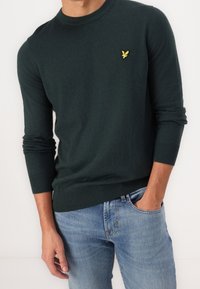 Suéter de punto verde oscuro con cuello redondo, puños y dobladillo acanalados, que presenta un pequeño logotipo amarillo en el pecho. Combinado con jeans de color azul claro.
