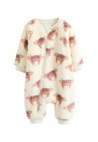 Fleece-Einteiler mit cremefarbenem Grund, der mit rosa und braunen Kuhgesicht-Muster bedruckt ist. Er hat einen durchgehenden Reißverschluss vorne und gerippte Bündchen für einen engen Sitz.