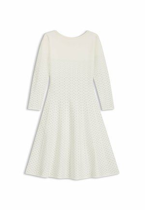 Long-sleeve dress in off-white, featuring a textured pattern of triangles and diamonds, flared silhouette, and round neck.