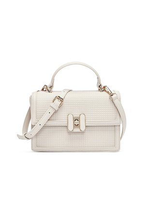 Off-white textured rectangular handbag with top handle, adjustable shoulder strap, and gold-tone buckle clasp on front flap.