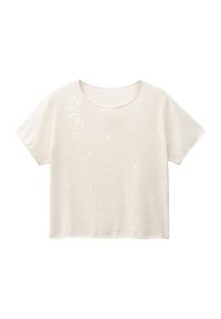 Top crema a maniche corte con scollo rotondo, realizzato in un tessuto texturizzato impreziosito da sottili paillettes distribuite in modo casual per un tocco di dettagli.