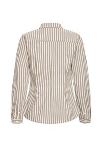 Chemise à manches longues avec des rayures verticales beige, rose et blanches, vue de dos et poignets boutonnés sur fond blanc uni.