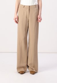 Beige wijde broek met een op maat gemaakte pasvorm, voorzien van voorplooien en een gladde textuur. Afgewerkt met een standaard tailleband en zakken.