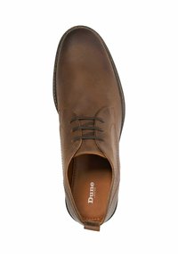 Brown leather shoe with a smooth finish, round toe, and lace-up design. Features a contrasting brown sole and a stitched edge.