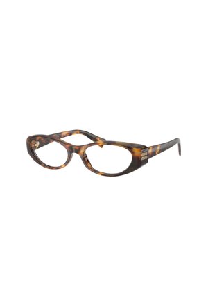 Okulary w kocim oku w oprawkach w kolorze żółwia z grubymi ramkami i logo "Miu Miu" na zausznikach, przedstawione pod lekkim kątem na białym tle.