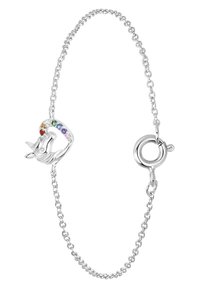 Zilveren kettingarmband met een eenhoorncharme, versierd met regenboogkleurige edelstenen en een sluiting met kreeftengclip.