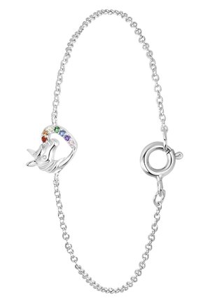 Zilveren kettingarmband met een eenhoorncharme, versierd met regenboogkleurige edelstenen en een sluiting met kreeftengclip.