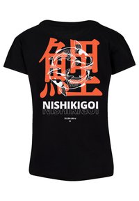 Black cotton t-shirt featuring a graphic of koi fish in red and white with bold lettering "NISHIKIGOI" in white below the graphic.