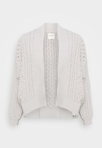 Cardigan lavorato a maglia grigio chiaro con un ampio davanti aperto e polsini a coste. Presenta motivi testurizzati e una vestibilità rilassata.