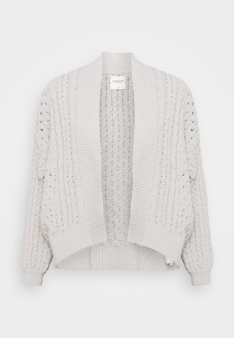 Cardigan lavorato a maglia grigio chiaro con un ampio davanti aperto e polsini a coste. Presenta motivi testurizzati e una vestibilità rilassata.