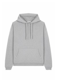 Sudadera de algodón gris con bolsillo frontal, capucha con cordón, puños acanalados y dobladillo. Diseño liso sin patrones ni logotipos visibles.