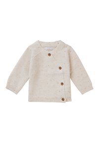 Kremowy sweter z dzianiny o teksturowanym wzorze, z krzyżującym się krojem, długimi rękawami i czterema drewnianymi guzikami z przodu.