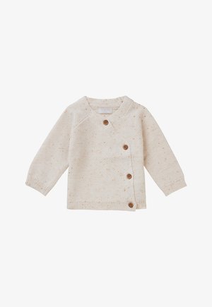 Crème gebreide cardigan met een textuurpatroon, met een crossover ontwerp, lange mouwen en vier houten knopen aan de voorkant.